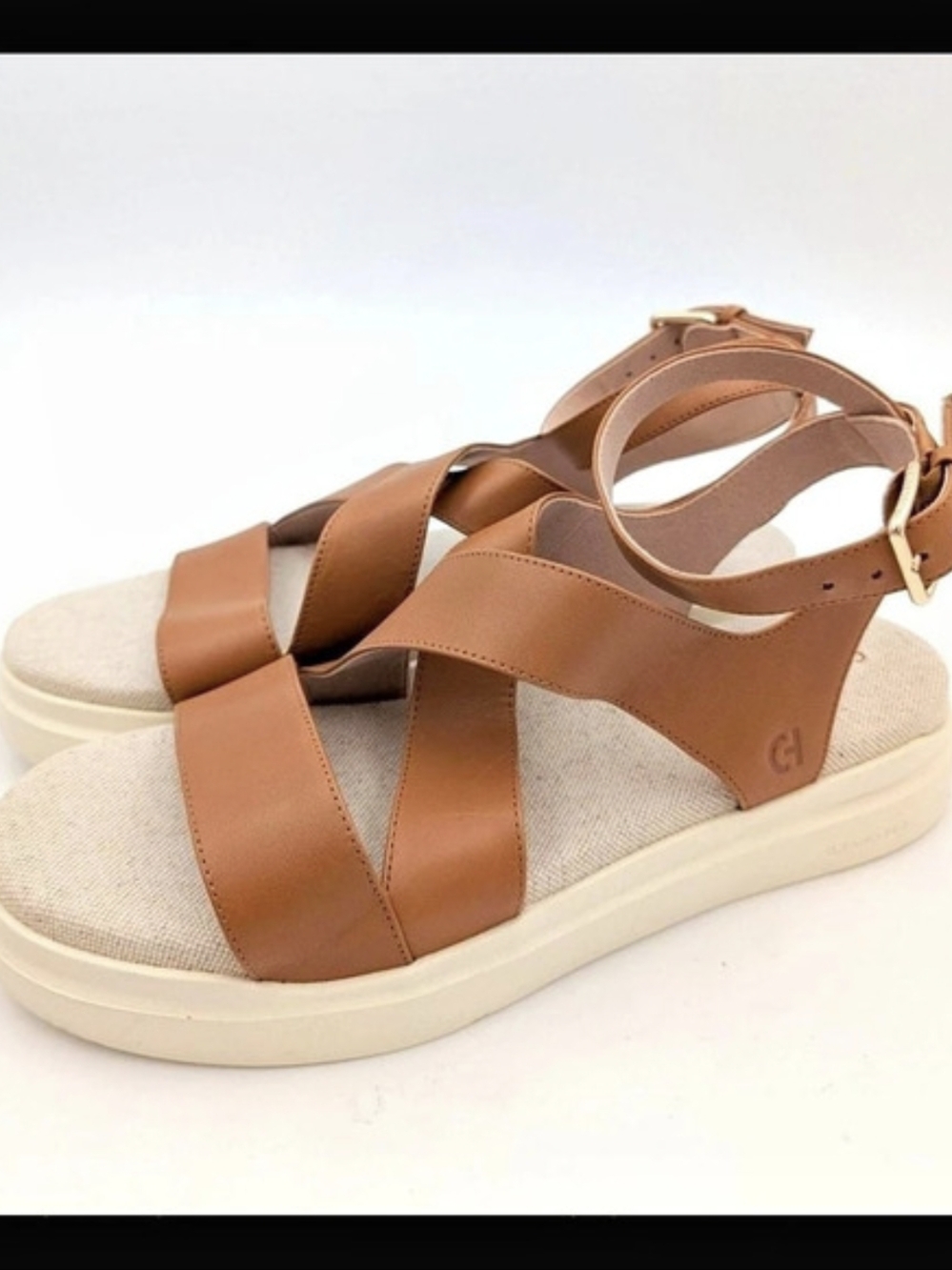 Cole Haan GP RLY CASTINE SANDL Leather Platform Sandals in Brown & Cream US 7.5